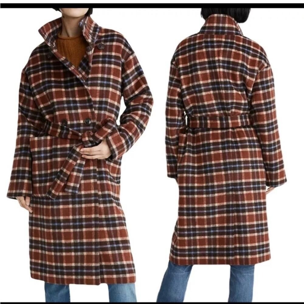 Madewell Rust Wool Blend Plaid Women's Coat Long Belted AA327 S - Picture 10 of 15
